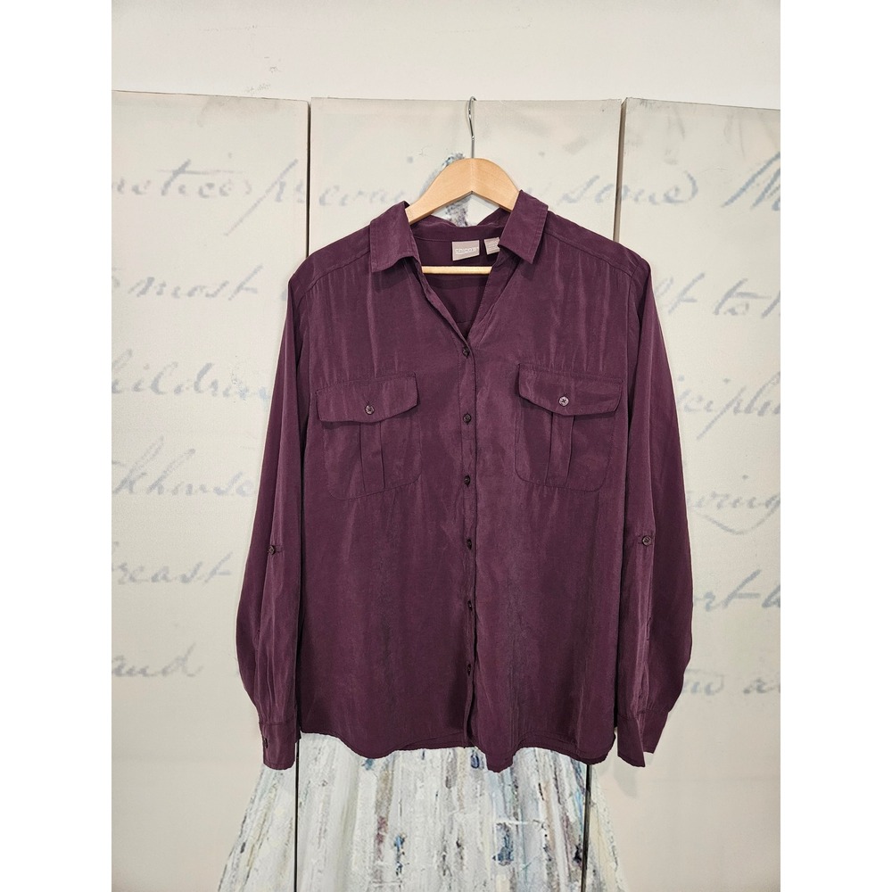 Chico's Button Up Shirt Size 3 Purple Modal Roll Tab Sleeve Utility Blouse Large